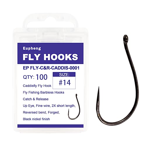 Eupheng Fly Fishing Hooks 100pc Pack Barbless Catch & Release Dry Wet Nymph Shrimp&Pupa, Streamer, Caddis, Jig, Scud Flies Fishing Hooks - color: EP Fly-C&R-CADDIS-0001, size: #14