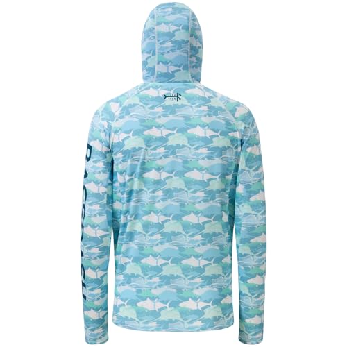 BASSDASH Men’s UPF 50+ Hooded Breathable Camo Shirts with Face Mask Lightweight Neck Gaiter Fishing Hiking Hoodie Shirt FS51M - color: Fish Camo, size: Large