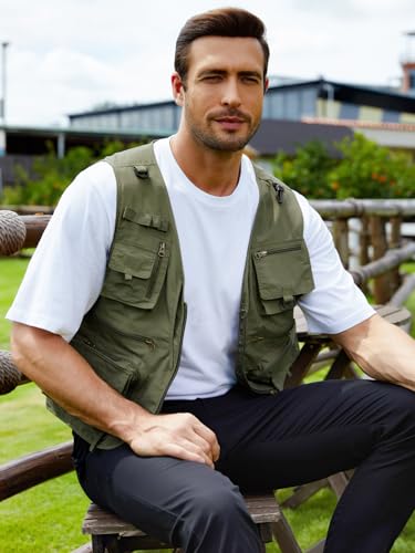 Gihuo Mens Fishing Vest Lightweight Utility Vests Cargo Outdoor Safari Travel Vest with Pockets - color: Army, size: Medium