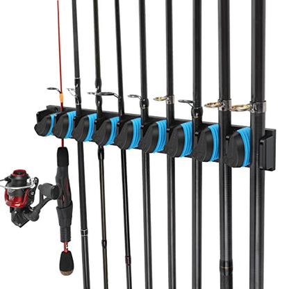 PLUSINNO Vertical Fishing Rod Holder, Wall Mounted Fishing Rod Rack, Fishing Pole Holder Holds Up to 9 Rods or Combos, Fishing Rod Holders for Garage, Fishing Gear and Gifts for Men - style: Blue 1-pack (store 9 combos)