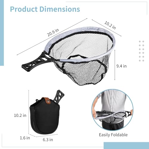 Folding Fly Fishing Net, Lightweight Rubber-Coated Mesh Landing Trout Net with Tackle Bag, Non-Slip Handle, Fly Fishing Gear for Beginners