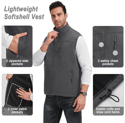 XinYangNi Men's Lightweight Softshell Golf Running Vest Outerwear Zip Up Fleece Lined Windproof Sleeveless Jacket for Hiking - color: Grey, size: Large
