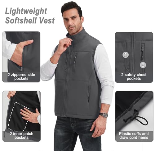 XinYangNi Men's Lightweight Softshell Golf Running Vest Outerwear Zip Up Fleece Lined Windproof Sleeveless Jacket for Hiking - color: Grey, size: XX-Large