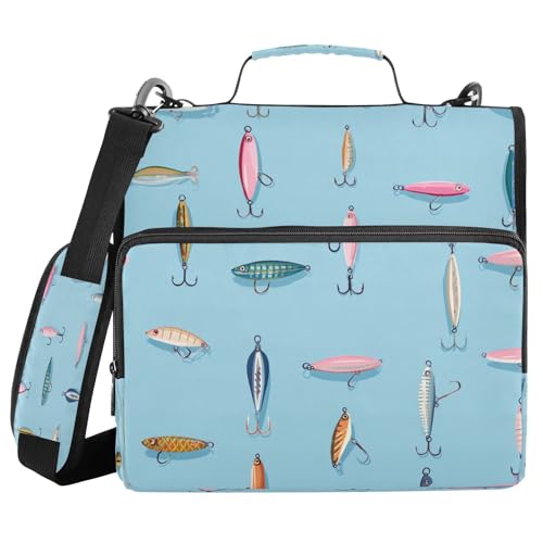 Fishing Lures Blue Cute 3 Ring Zipper Binder with Strap 1.5 inch 500 Sheet Capacity File Folder Storage Organizer