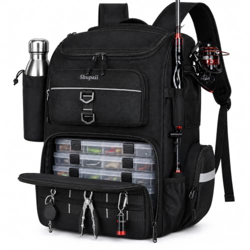 Fishing Backpack with Rod Holder | Large, Water Resistant, Tackle Storage Bag, Fishing Gear, Gifts for Men - color: Black