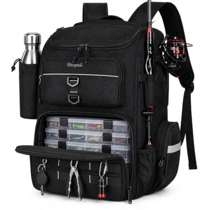 Fishing Backpack with Rod Holder | Large, Water Resistant, Tackle Storage Bag, Fishing Gear, Gifts for Men - color: Black