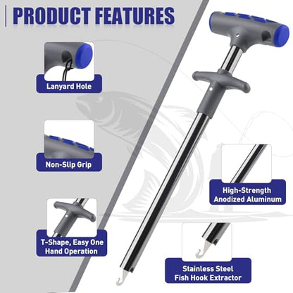 Booms Fishing Hook Remover Tool: 9.6" Squeeze-Out Fish Dehooker for Saltwater and Freshwater, Quick Release Aluminium Fish Hook Extractor with Lanyard, Fishing Tools for Men, XW20