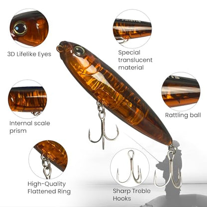 Pristis 3 pcs Topwater Fishing Plopper Lures, Floating Popper Bait Set with Chemically Sharpened Hooks for Saltwater Freshwater, Top Water Plopping Swimbait Teaser for Bass Tuna Perch Pike Crappie - color: Iridescent Luster Pencil Poppers