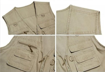 Men's Lightweight Utility Fishing Vest V Neck Safari Photographer Vests - color: Khaki, size: Medium
