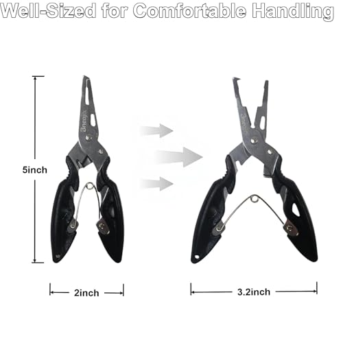 5" Fishing Pliers Scissors with Safety Lock and Anti Loss Rope | Multi-Function Curved Nose Hook Remover, Line Cutter & Open Ring Pliers; Rustproof for Saltwater and Freshwater Use
