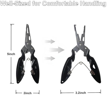 5" Fishing Pliers Scissors with Safety Lock and Anti Loss Rope | Multi-Function Curved Nose Hook Remover, Line Cutter & Open Ring Pliers; Rustproof for Saltwater and Freshwater Use