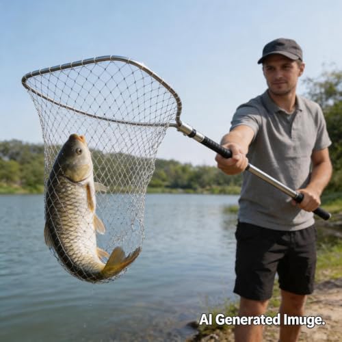 TyQuirlyn Telescopic Stainless Steel Landing Net, 16"x20" 24" Deep Double-Strand Mesh, 63"-100" Dual Lock Handle, 55lbs Multi-Use Fishing Farm Net