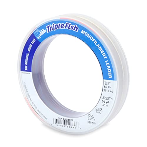 Triple Fish Monofilament Fishing Leader - Clear, Camo Strong Tough Leader Material for Big Game Fishing, Up to 400lb Test - color: Camo, style: 80 Lb Test, 0.90 Mm Dia, 50 Yd