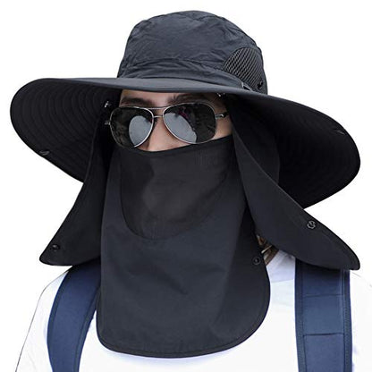 Sun Hat Unisex Face Coverage Shield Neck Flap Cap Garden Lawn Work Sports Hiking Fishing Hats - color: Black