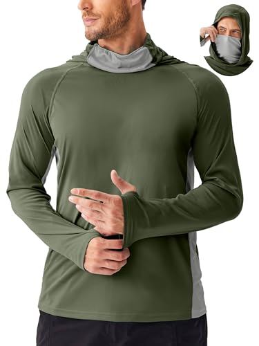 PINSPARK Men's Sun Protection Hoodie with Mask UPF 50+ UV Long Sleeve Shirt Men Rash Guard Performance Fishing Hiking Shirt - color: Army Green, size: X-Large