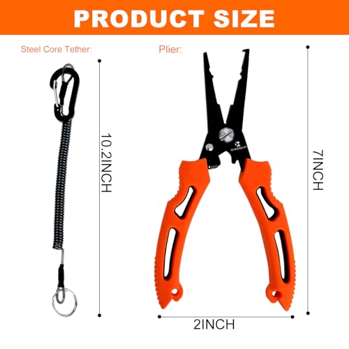 BasicGear Multi-Functional Fishing Pliers - 7" 420 Stainless Steel Head with Teflon Coating, Built-in Spring & Lock, Non-Slip Rubber Grip - color: 420 Stainless Steel