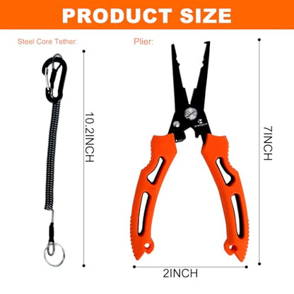 BasicGear Multi-Functional Fishing Pliers - 7" 420 Stainless Steel Head with Teflon Coating, Built-in Spring & Lock, Non-Slip Rubber Grip - color: 420 Stainless Steel