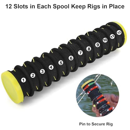 ZENFUN 4 Pc Fishing Line Storage Organizer, Fish Leader Holder with 12 Slots to Keep Your Lines Tangle Free, Spooler Winder, and Hook Keeper with Rigging Spools