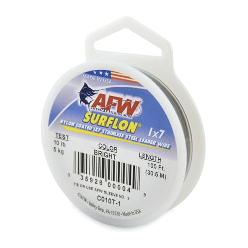 American Fishing Wire Surflon Nylon Coated 1x7 Stainless Steel Wire Leader - Wire Fishing Leader Line for Saltwater 10lb Up To 250lb Test in Bright, Black, Camo in 30ft, 100ft, 300ft, & 1000ft Lengths - color: Bright, style: 100 Feet, 10 Pound Test