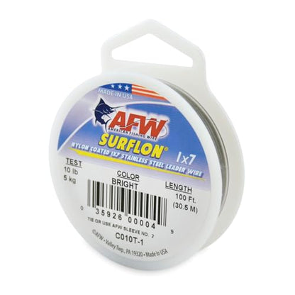 American Fishing Wire Surflon Nylon Coated 1x7 Stainless Steel Wire Leader - Wire Fishing Leader Line for Saltwater 10lb Up To 250lb Test in Bright, Black, Camo in 30ft, 100ft, 300ft, & 1000ft Lengths - color: Bright, style: 100 Feet, 10 Pound Test