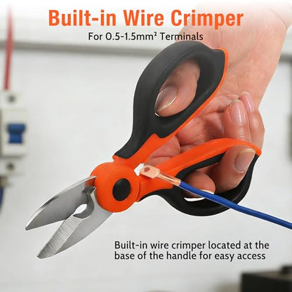 Lichamp 6.4" Orange Stainless Electrician Scissors to Cut, Strip & Crimp | Multi-Function Shears, Wire Stripper, Cutter & Crimper, Orange Handle, ABS Holster, Sharp Blades, for Electrical Work & DIY
