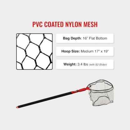 EGO S2 Slider Fishing Net Handle | Adjustable Extension Handle, Minimal Water Drag Design, Ergonomic Foam Grip for Landing Nets - size: 48" to 108" Handle, 17" x 19" Hoop, style: Pvc Coated Mesh