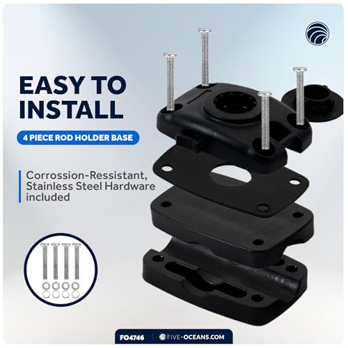 Five Oceans Fishing Rod Holder for Boat with Deck Mount Base, Black, High-Impact Nylon for Boats & Kayaks, Multiple Sizes - style: Compatible Rail Mount Base