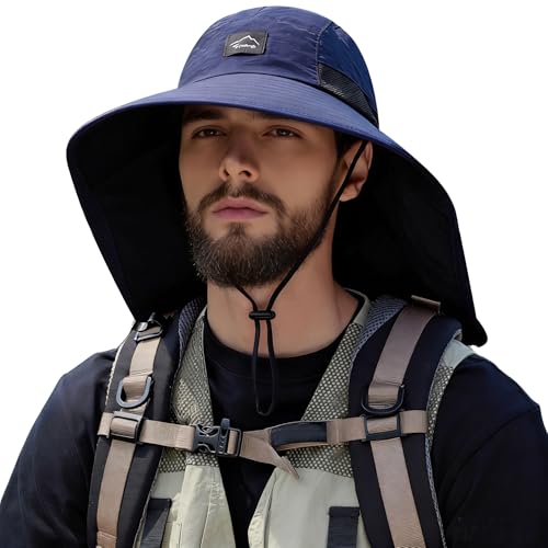 HUAMULAN Men Summer Sun Hat Women Safari Wide Brim Fishing Hats UV Protection Neck Flap Bucket Gardening Hiking Hunting Cap - color: Navy With Black Mesh