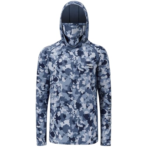 BASSDASH Men’s UPF 50+ Hooded Breathable Camo Shirts with Face Mask Lightweight Neck Gaiter Fishing Hiking Hoodie Shirt FS51M - color: Blue Camo, size: 3X-Large