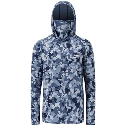 BASSDASH Men’s UPF 50+ Hooded Breathable Camo Shirts with Face Mask Lightweight Neck Gaiter Fishing Hiking Hoodie Shirt FS51M - color: Blue Camo, size: XX-Large