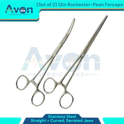 Pack of 2pcs - 12" Pean Hemostat Forceps with Serated Jaws | Curved + Straight | Autoclave-Safe Stainless Steel Fishing Pliers, Multi-Purpose