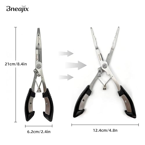 Professional 8.4“ Fishing Plier with Safety Lock and Anti Loss Rope | Multi-function long nose hook remover, line cutter, crimper; rustproof stainless steel for saltwater & freshwater fishing