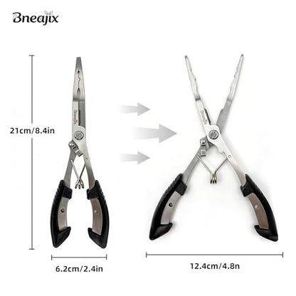 Professional 8.4“ Fishing Plier with Safety Lock and Anti Loss Rope | Multi-function long nose hook remover, line cutter, crimper; rustproof stainless steel for saltwater & freshwater fishing