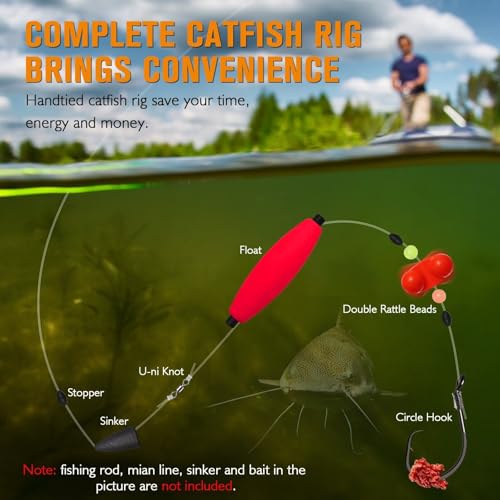 Dovesun Pre-Tied Catfish Rig System, 23 Inch 55LB Santee Cooper Catfish Float Rig with Adjustable EVA Slip Float and High Carbon Circle Hooks 5/0 6/0 8/0, Ready-to-Fish for River and Bank Fishing - color: Cigar Float-8/0Hook * 3PCS