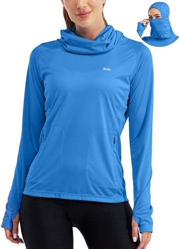 Willit Women's UPF 50+ Sun Protection Hoodie - Breathable Mesh Face Cover & Cooling Fishing Shirt with Pockets - color: Brilliant Blue, size: X-Large