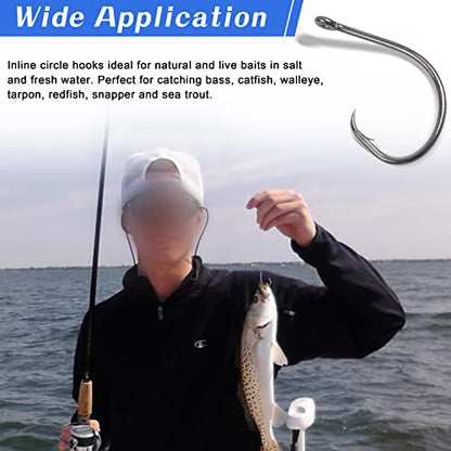 Inline Circle Hooks Saltwater, 80pcs High Carbon Steel Catfish Hooks in-Line Straight Eye Octopus Circle Hook Saltwater Freshwater Fishing Hooks for Catfish Bass - size: 80pcs 2/0