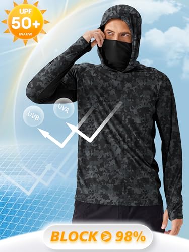 PINSPARK Men's Sun Protection Hoodie with Mask UPF 50+ UV Long Sleeve Shirt Men Rash Guard Performance Fishing Hiking Shirt - color: Black Camouflage, size: Large
