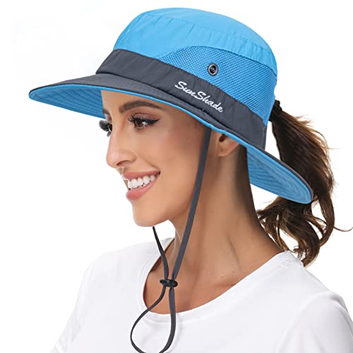 Sun Hat for Women Summer UV Protection Beach Hat Wide Brim Mesh Bucket Fishing Hat with Ponytail Hole Foldable Packable Hat - color: Blue(with Ponytail Hole)