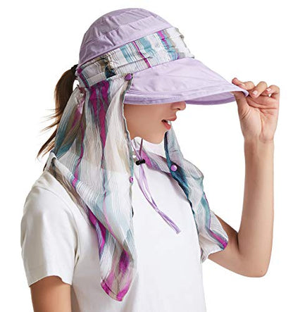 icolor Women Sun Hat UPF 50+ Sun Protection Hat Summer Outdoor Neck Shield Flap Visor Hat Ponytail Hats Wide Brim Beach Hat - color: Lightpurple