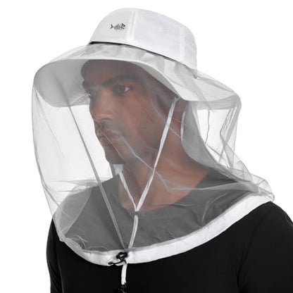 BASSDASH UPF 50+ Mosquito Sun Hat with Hidden Head Net and Neck Flap for Men Women Outdoor Fishing Hiking Camping - color: White