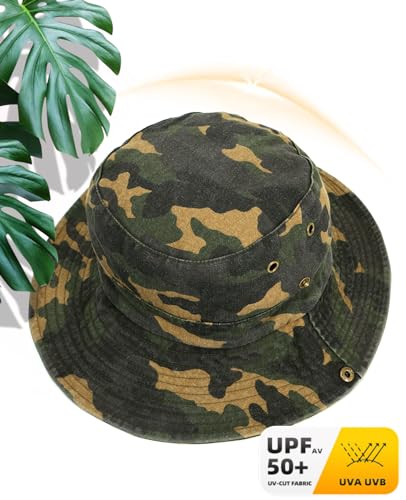 Men's Bucket Hat Camo Outdoor Sun Protection, Breathable Quick-Dry Fishing Gardening Hiking Hat ,UPF50+ Cotton Wide Brim - color: Green