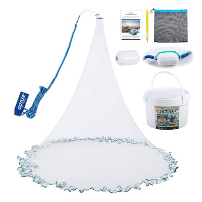 Goture American Fishing Cast Net Saltwater Freshwater,3/8in Mesh Size Casting Net for Bait Fish Shrimp Trap,Heavy Duty Plastic Coated Iron Protected White Sinker,Throw Cast Net with Needle - color: A2:Cast Net with 1PC Spare Sinker, size: 12FT Radius