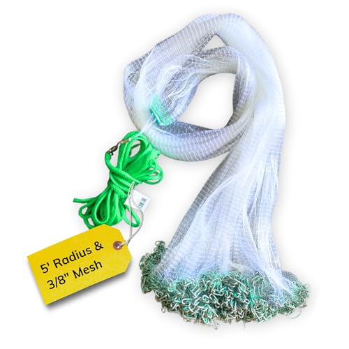 Cast Nets 4.5ft-10ft Radius|3/8",1/2",1" Mesh for Fishing with Chain Bottom, Salt Water Casting Fishing Net Gear, Easy Throw Nets Fishing Bait - Elite Series - size: 5' Radius | 3/8" Mesh