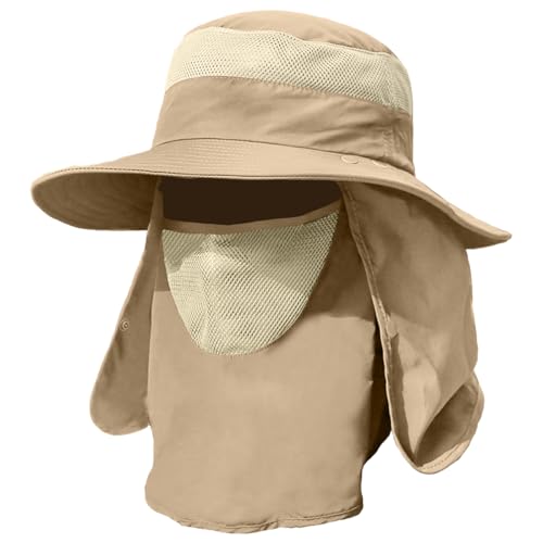 IYEBRAO Mens Outdoor Sun Hat with Face Neck Flap UV Protection Wide Brim Fishing Hat for Hiking Safari Gardening UPF 50+ - color: Khaki