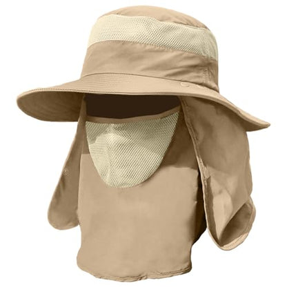 IYEBRAO Mens Outdoor Sun Hat with Face Neck Flap UV Protection Wide Brim Fishing Hat for Hiking Safari Gardening UPF 50+ - color: Khaki