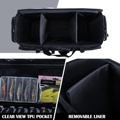 Goture Large Tackle Bag,Water Resistant Saltwater Gear Storage Big Fishing Bag with EVA Bottom,Store Up to 12PCS 3700 Plus 5PCS 3600 Tackle Trays(Not Included),Gifts for Men(26.38"x15.35"x11.42") - color: A2 Camo 2 XXL Without Trays