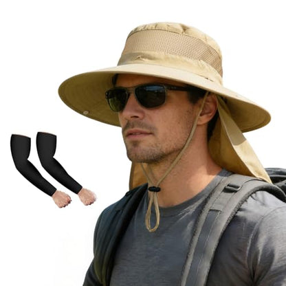 ZOORON Sun Hats for Men Women Fishing Hat with Neck Flap,UPF 50+ Sun Hat Waterproof Wide Brim Bucket Hats for Safari Hiking - color: 1-khaki-arm Sleeves