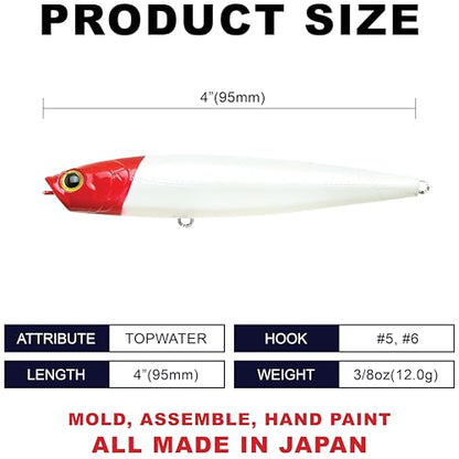 LUCKY CRAFT Gunfish 95NF Top Water Bass Fishing Lures, 4” Floating Lure with Cupped Mouth, Freshwater Trout and Bass Lures Fishing Gear, Accessories for Tackle Box - color: 700 Red Head