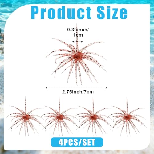 JSCARLIFE Sea Urchin Soft Fishing Lures 4Pcs, 2.75” Floating TPE Swimbait with Flash Sequins, Multi-Tentacle Bass Trout Lure for Freshwater Saltwater - color: Red