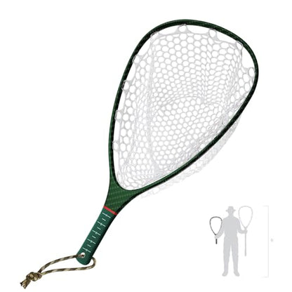 Riverruns Fly Fishing Landing Net Carbon Fiber Trout Net with Measurement Handle, Soft Rubber Mesh - 26" Standard (Wading) / 37" Long (Kayak) - color: 26" Wading Net (Standard) - Green 3K Woven